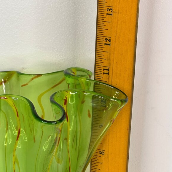 Eastern Hand-Blown Green Glass Vase With Yellow & Red Swirl Design 10.5" - Picture 10 of 12
